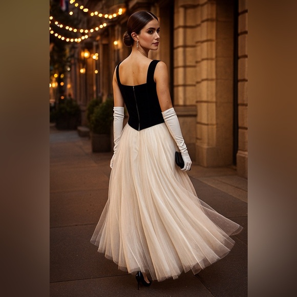 90s Zum Zum by Niki Livas velvet corset-look gown — black bodice tulle skirt - Picture 13 of 13